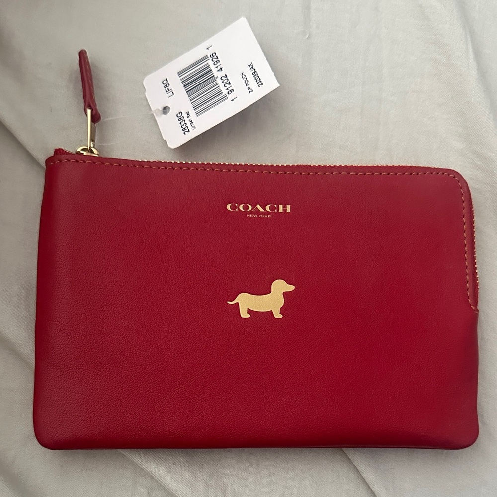 Coach Red Zip Pouch with Gold Dog Design
